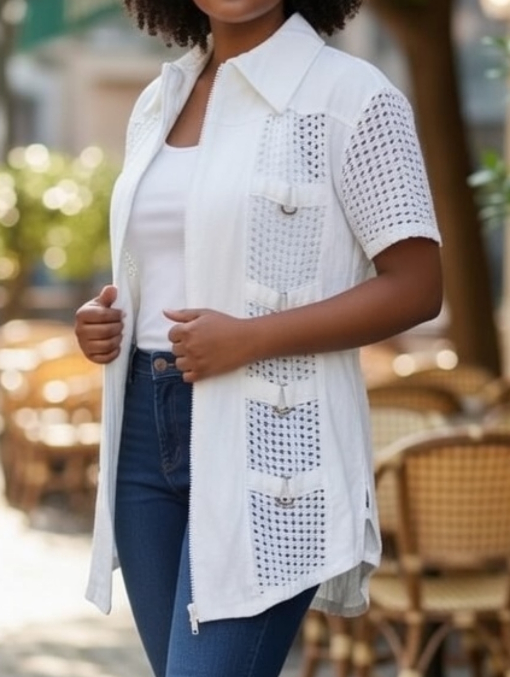 Eyelet Lace White Vintage Short Sleeve Zip Cotton Top Layer Summer Jacket